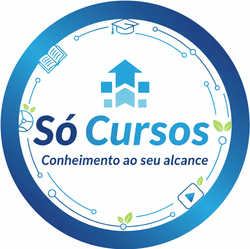 Logomarca Só Cursos – Plataforma de venda de cursos online e educação a distância (EAD). O logo combina ícones de aprendizado (livro, capelo) e tecnologia em tons de azul.